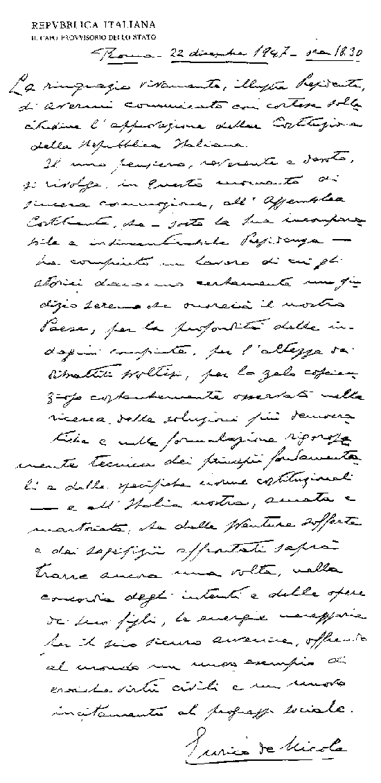 Lettera autografa del Capo provvisorio dello Stato, Enrico de Nicola