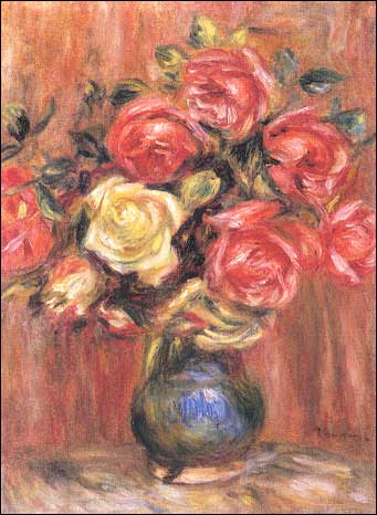 Roses dans un vase bleu di Renoir
